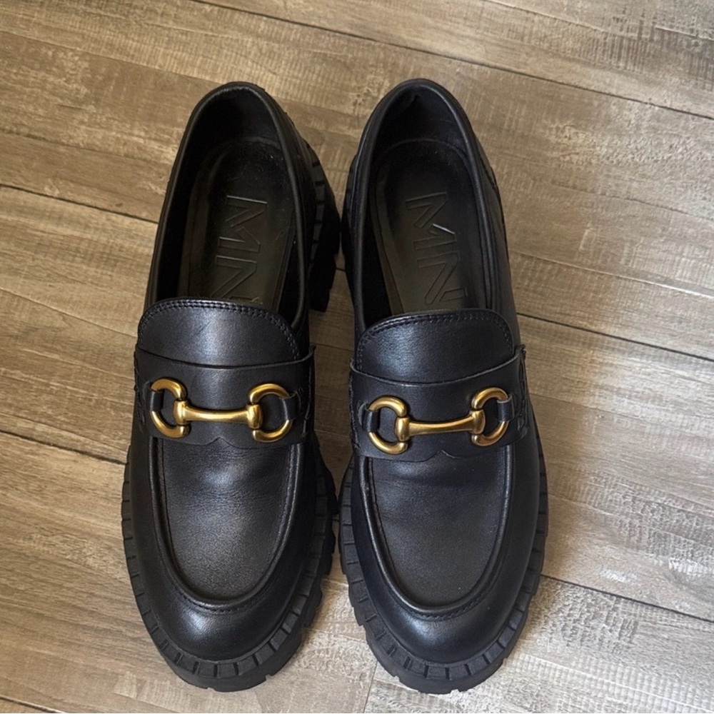 Black Leather Lug-Sole Loafers with Gold Horsebit